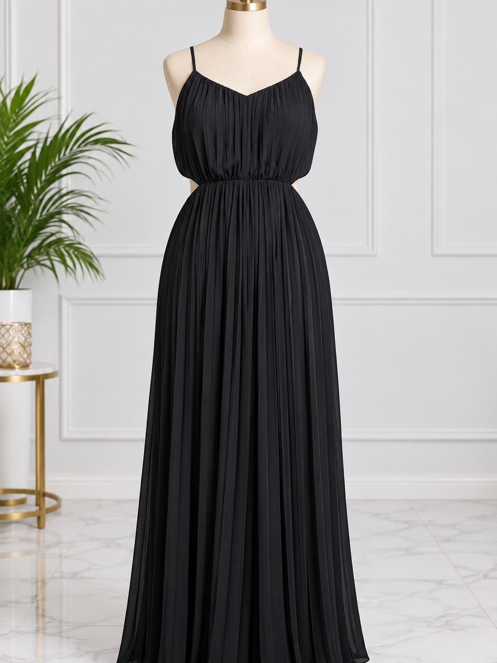 Express Black Pleated Maxi Dress with Spaghetti Straps